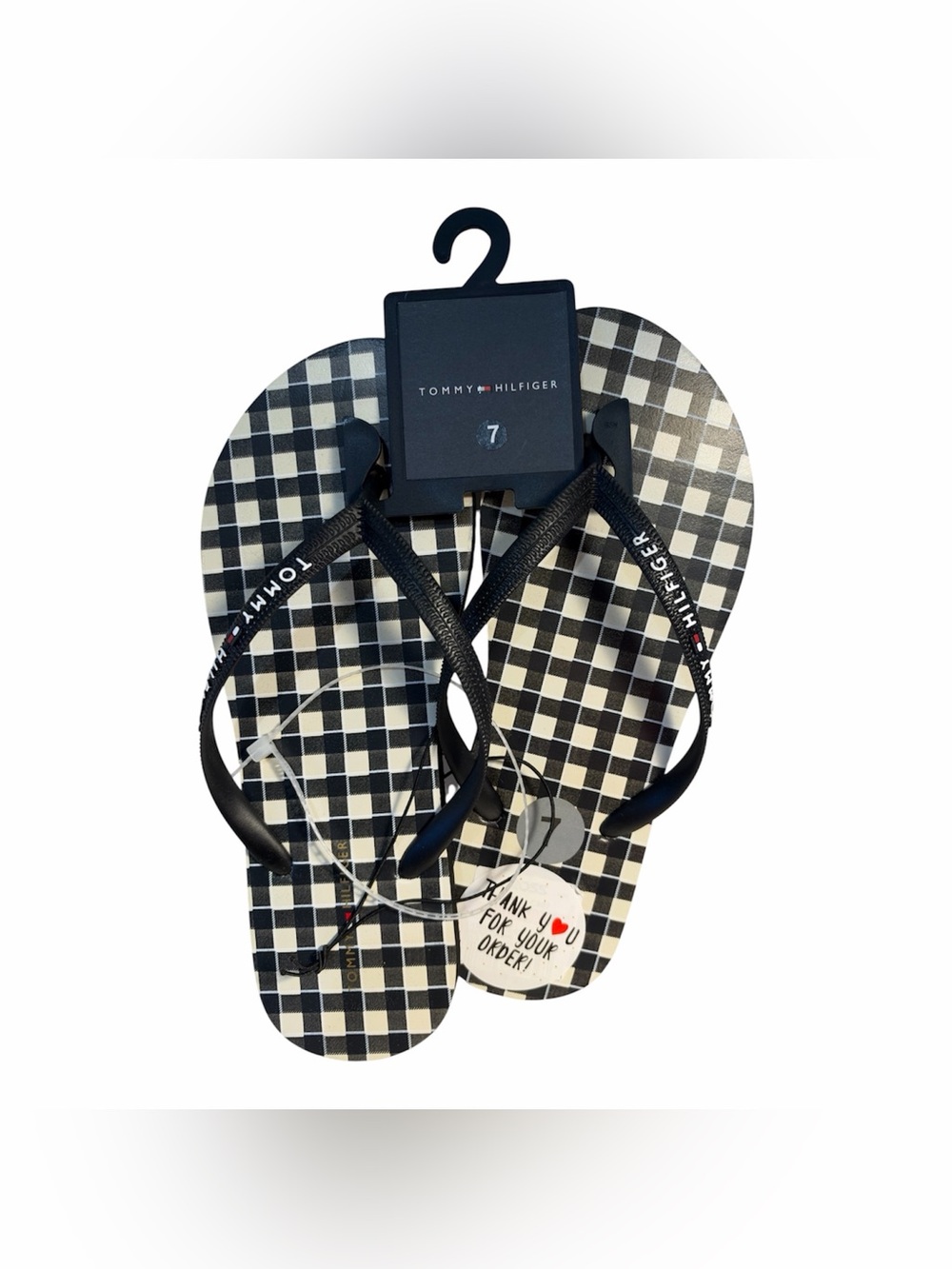 Tommy Hilfiger Black White Checkered Flip Flops Sandals Size 7 NWT **